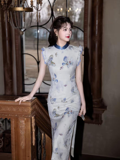 Women's Blue Vintage Qipao Cheongsam Dress – Butterfly Long Fitted – additional product view