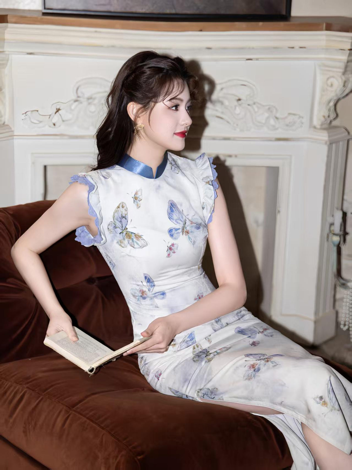 Women's Blue Vintage Qipao Cheongsam Dress – Butterfly Long Fitted