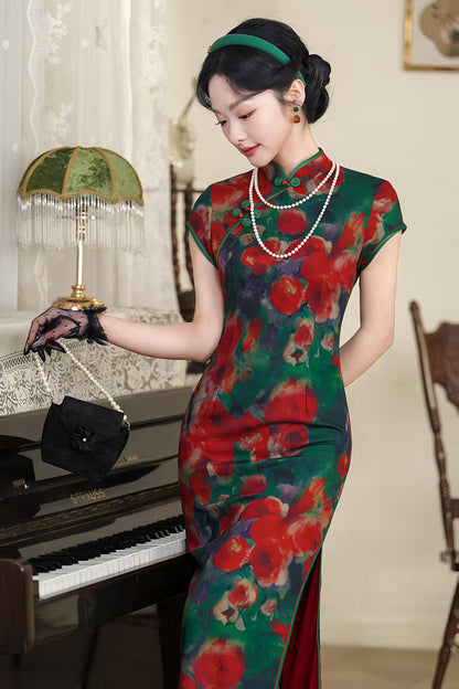 Women's Green Floral Qipao Cheongsam Dress – additional product view