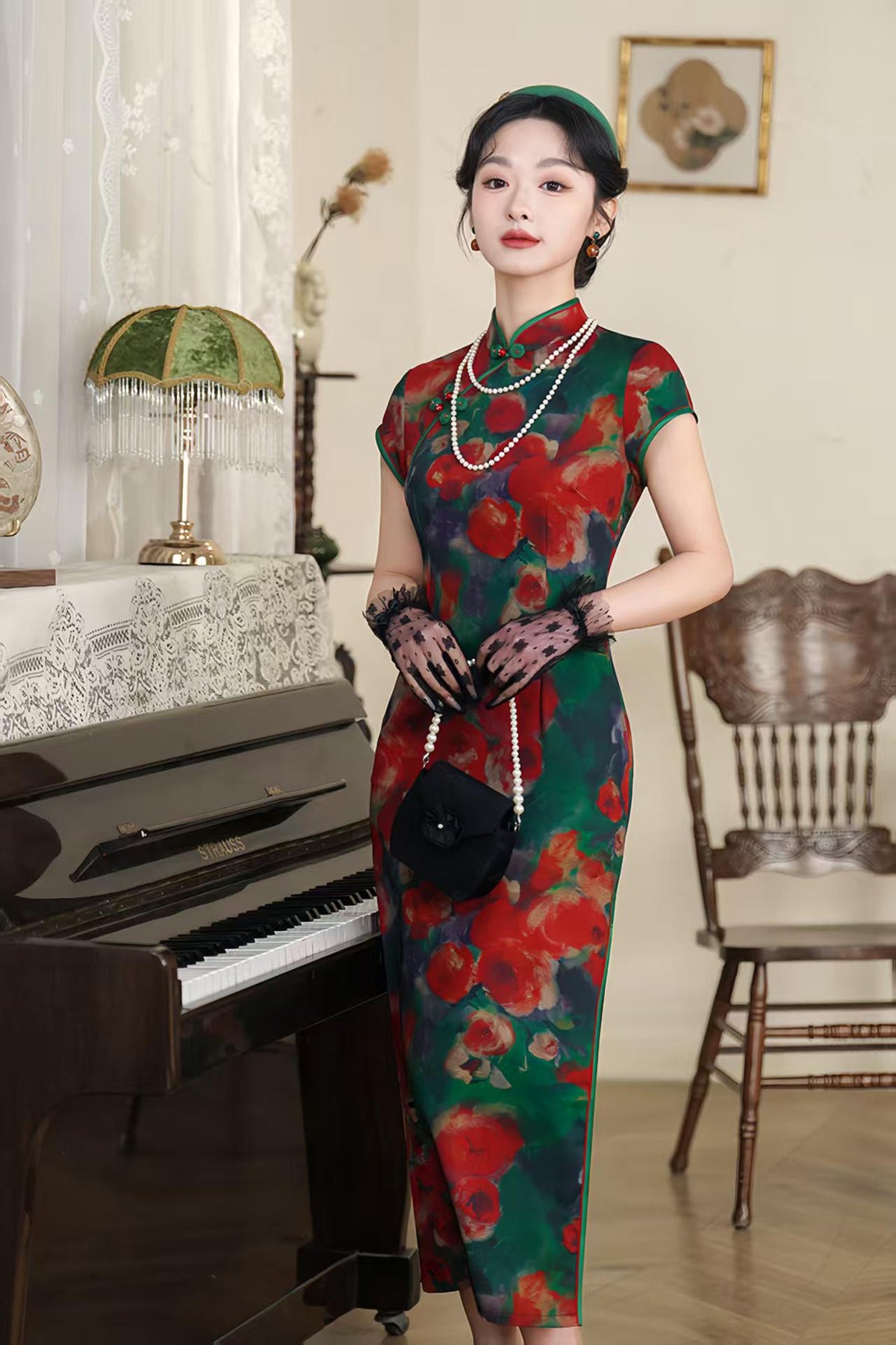 Women's Green Floral Qipao Cheongsam Dress – additional product view