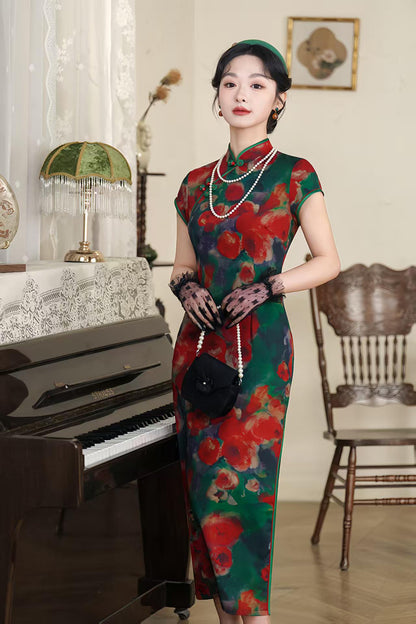 Women's Green Floral Qipao Cheongsam Dress – additional product view