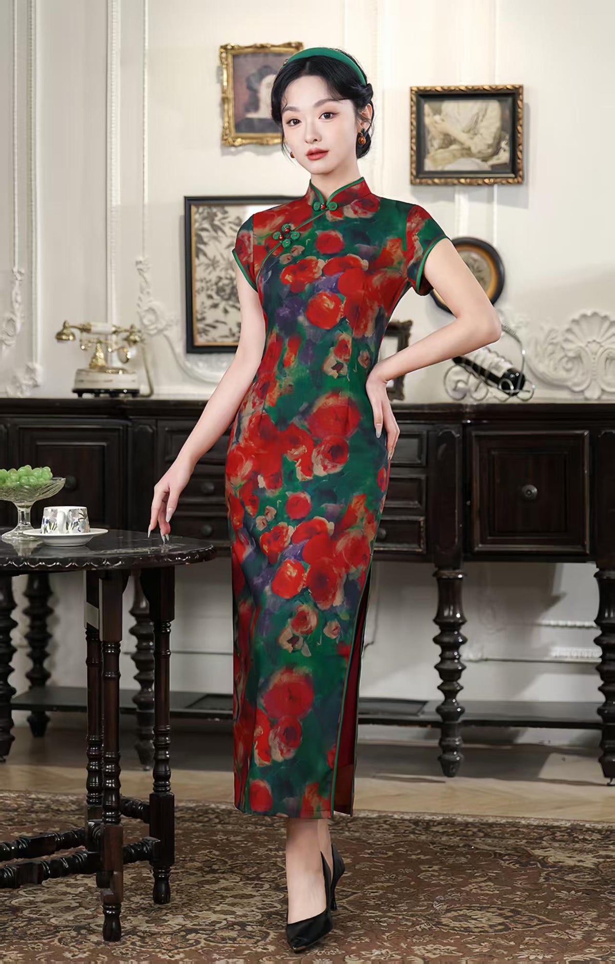 Women's Green Floral Qipao Cheongsam Dress – additional product view