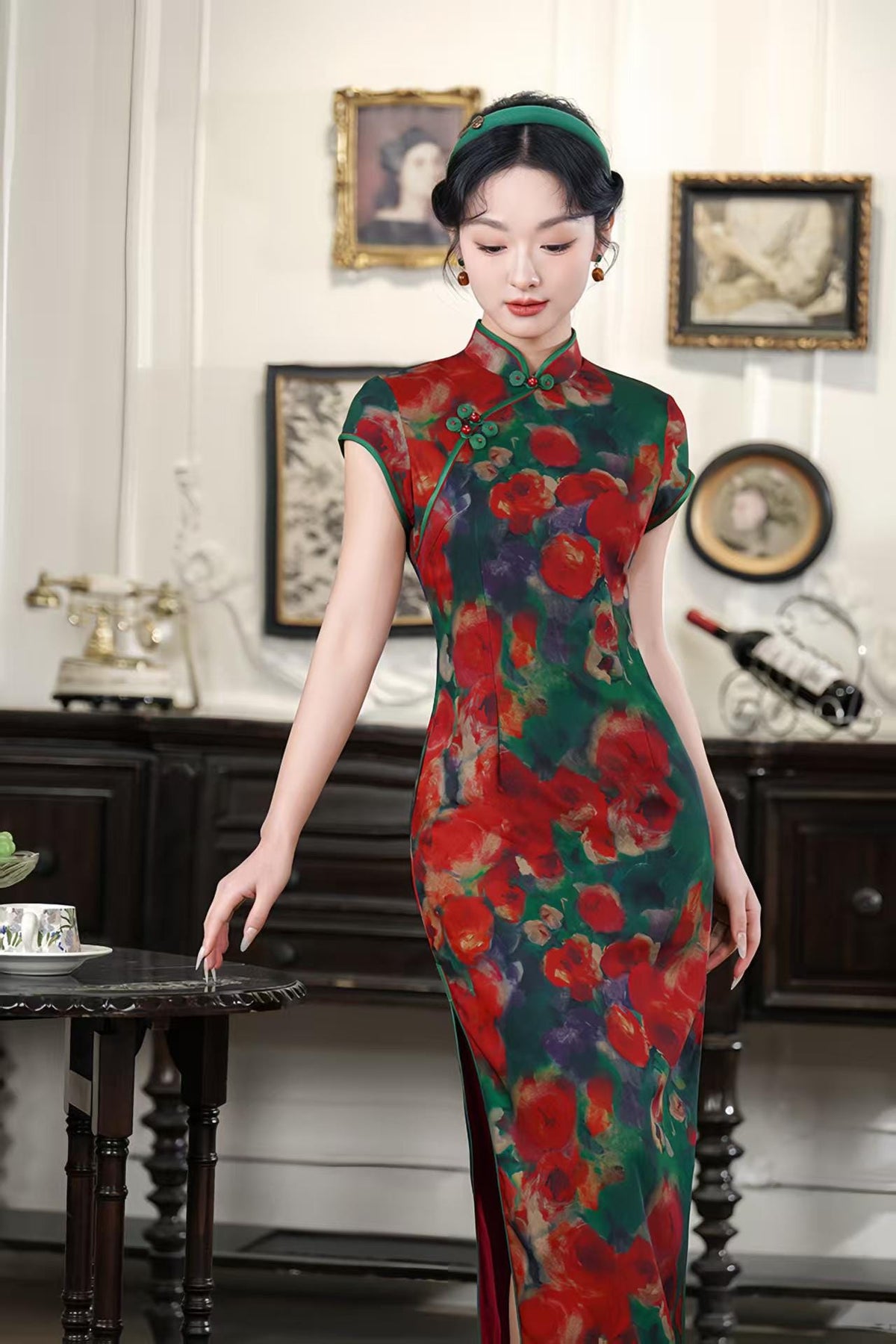 Women's Green Floral Qipao Cheongsam Dress – additional product view