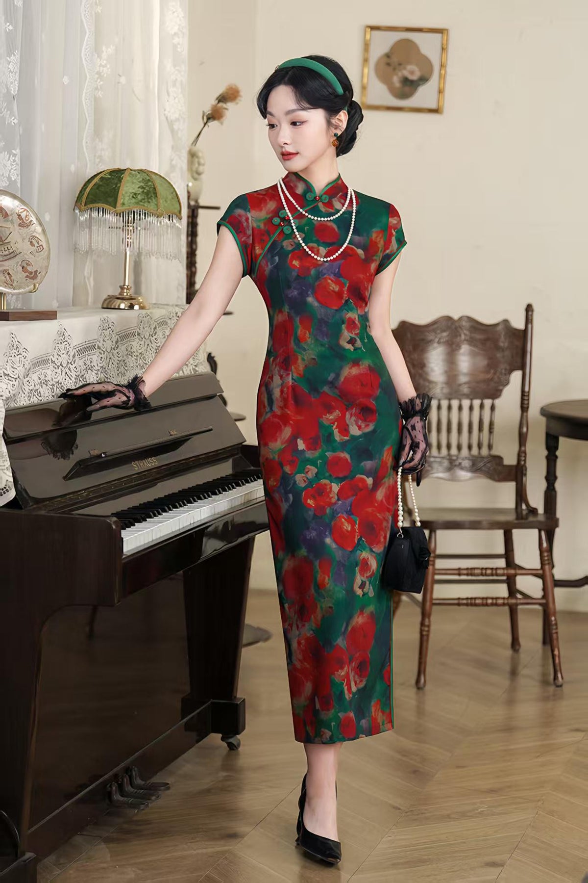 Women's Green Floral Qipao Cheongsam Dress – additional product view