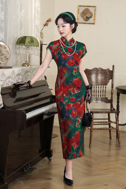 Women's Green Floral Qipao Cheongsam Dress – additional product view