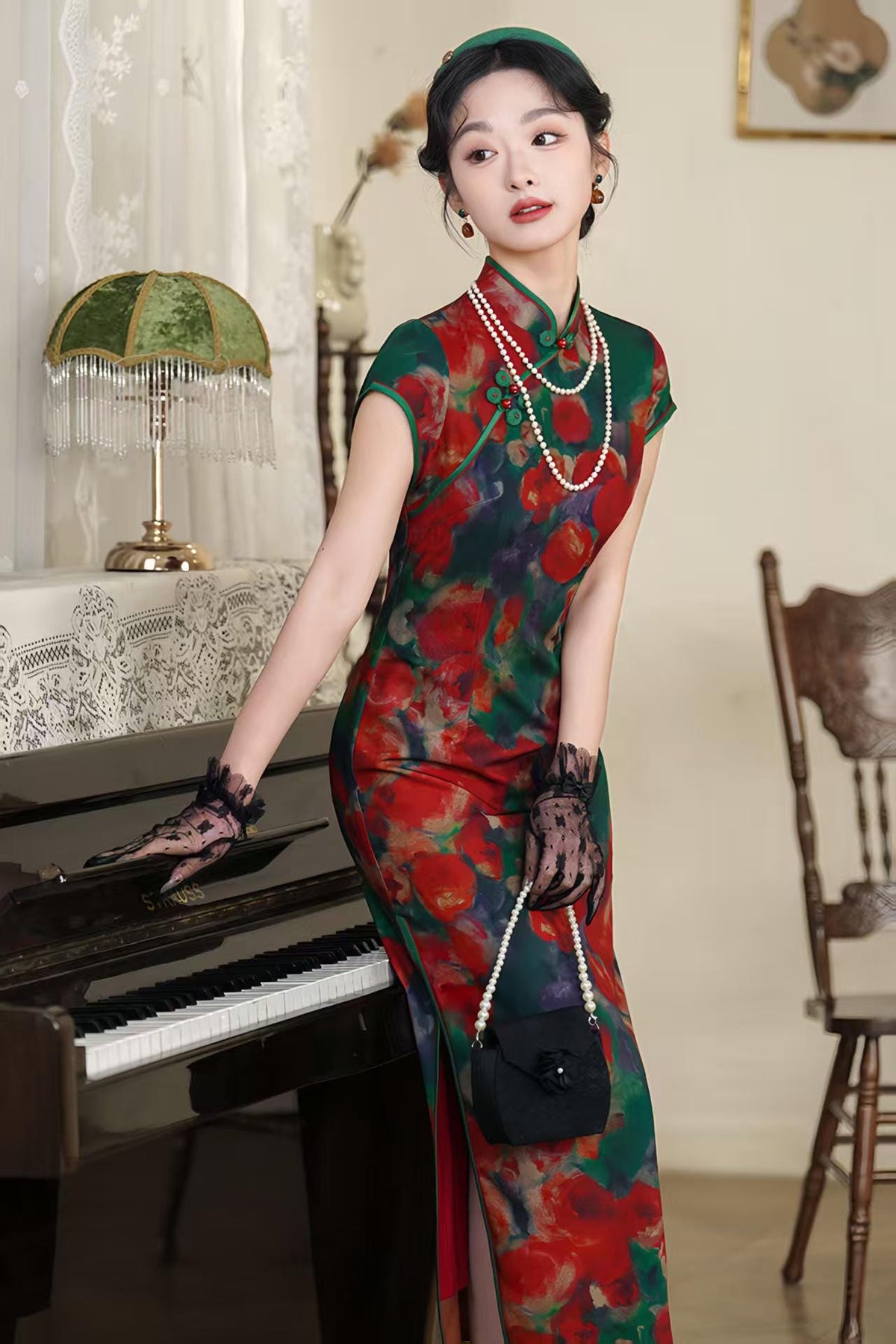 Women's Green Floral Qipao Cheongsam Dress – additional product view