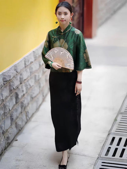 Green Xiangyun Silk Qipao Two-Piece Set – additional product view