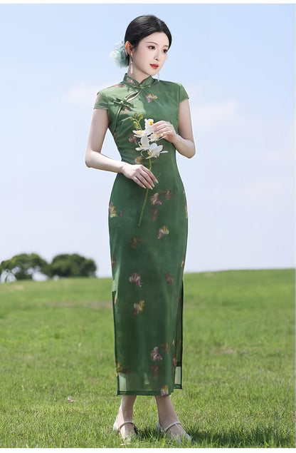 Women's Green Vintage Qipao Cheongsam Dress – Long – additional product view