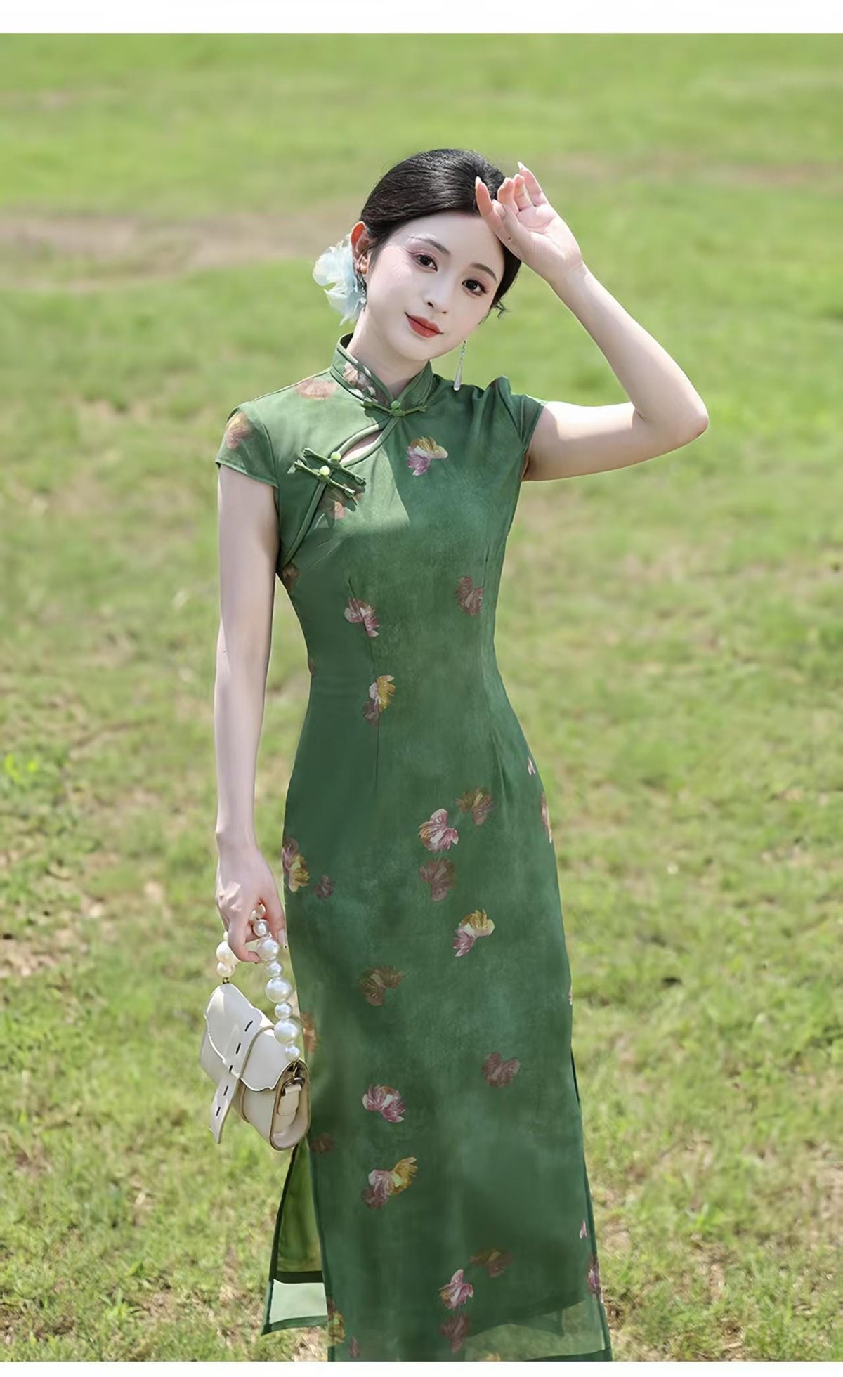 Women's Green Vintage Qipao Cheongsam Dress – Long – additional product view