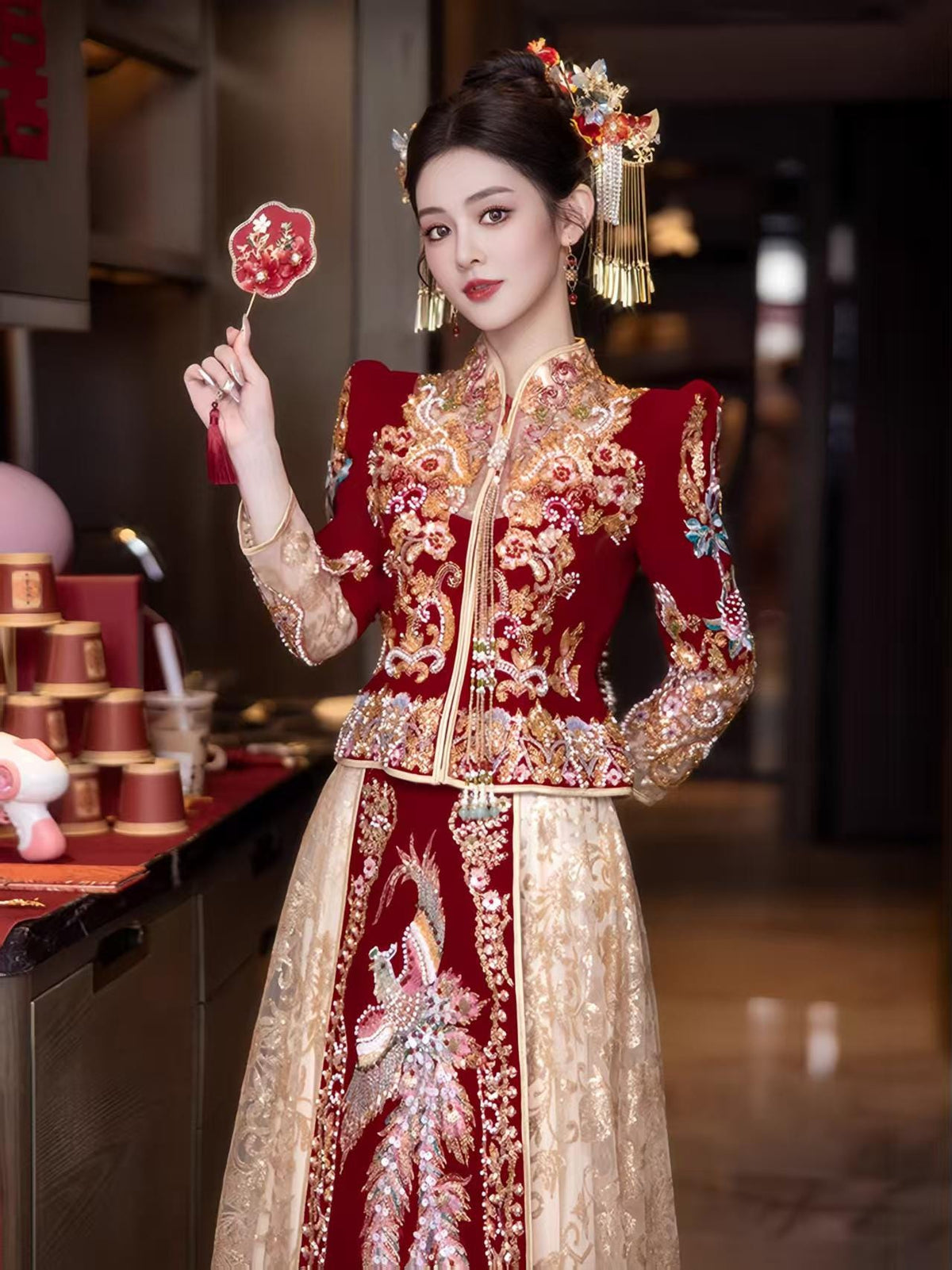 Red Embroidered Jacquard Satin Chinese Xiuhe Wedding Suit – additional product view