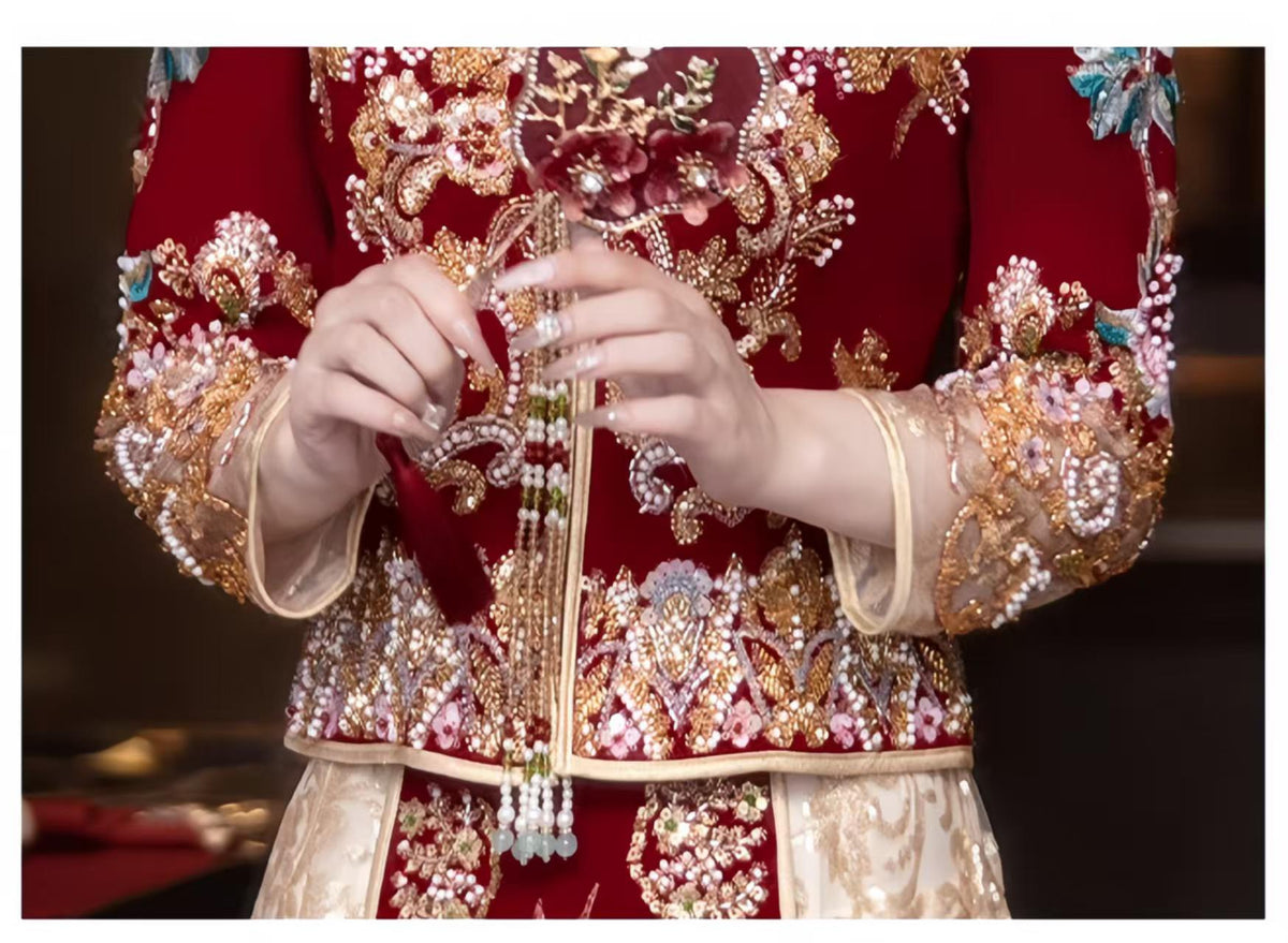 Red Embroidered Jacquard Satin Chinese Xiuhe Wedding Suit – additional product view