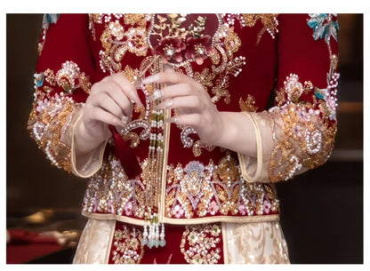 Red Embroidered Jacquard Satin Chinese Xiuhe Wedding Suit – additional product view