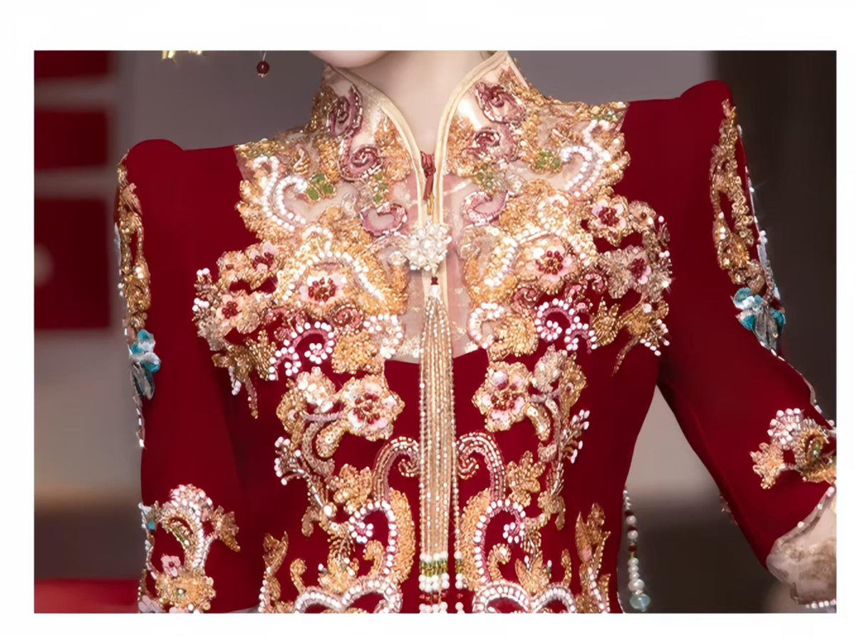 Red Embroidered Jacquard Satin Chinese Xiuhe Wedding Suit – additional product view