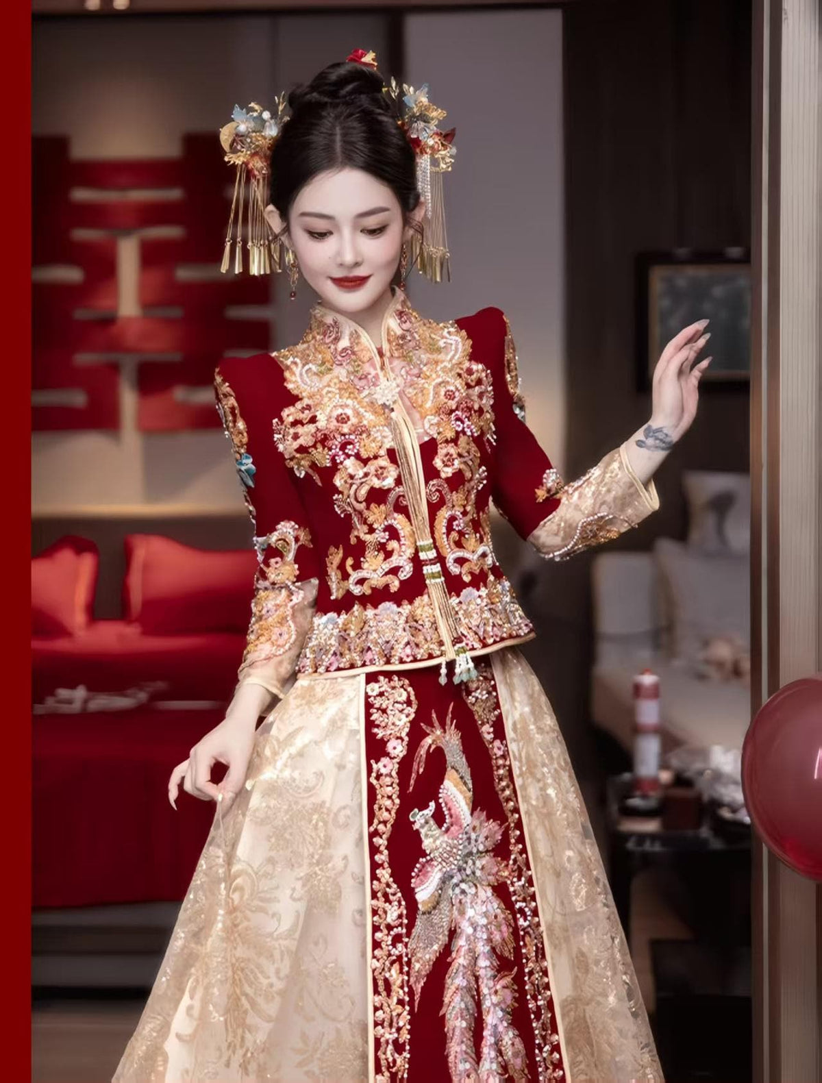 Red Embroidered Jacquard Satin Chinese Xiuhe Wedding Suit – additional product view
