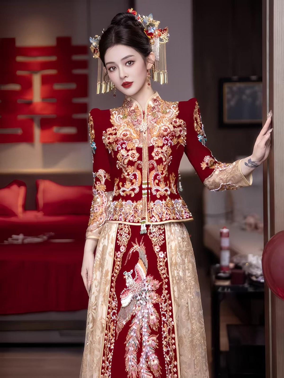 Red Embroidered Jacquard Satin Chinese Xiuhe Wedding Suit – additional product view