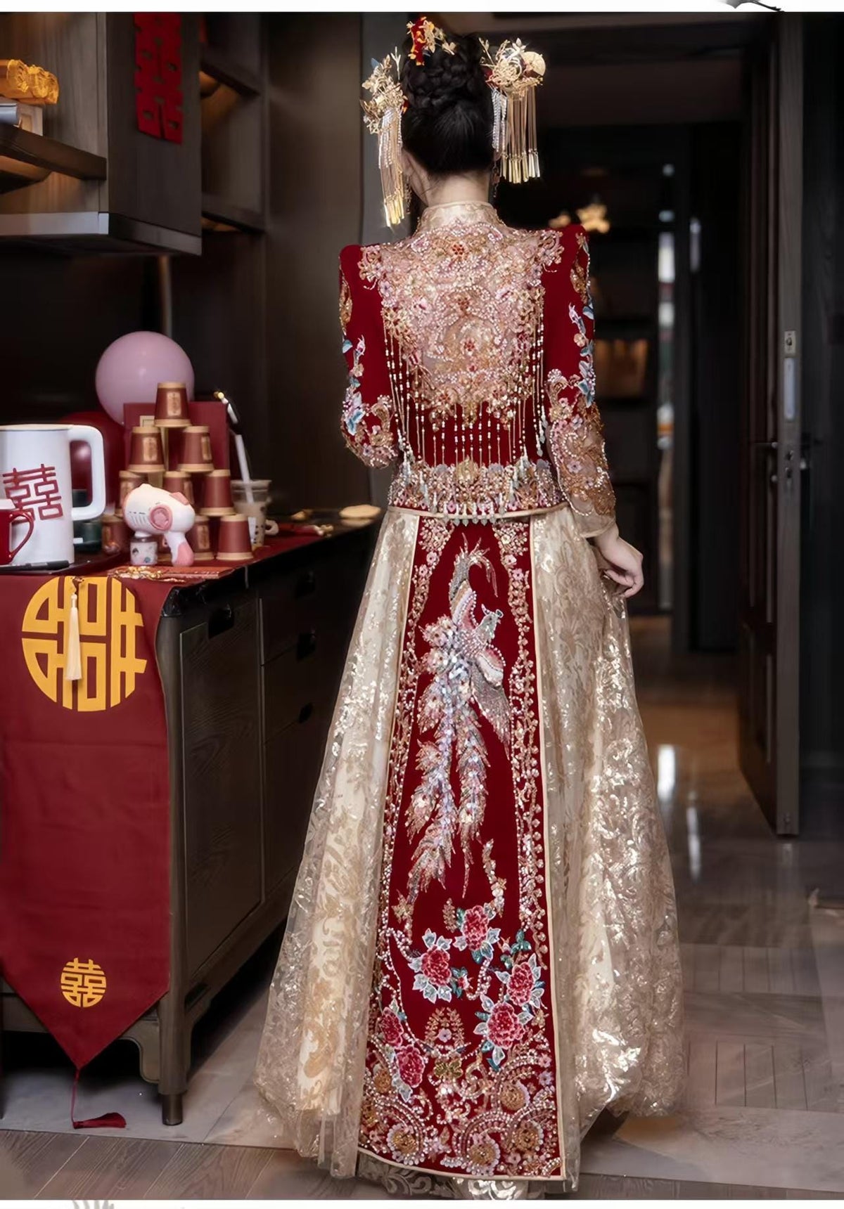Red Embroidered Jacquard Satin Chinese Xiuhe Wedding Suit – additional product view