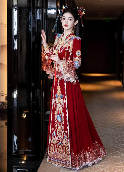 Red Embroidered Jacquard Satin Chinese Xiuhe Wedding Suit – additional product view