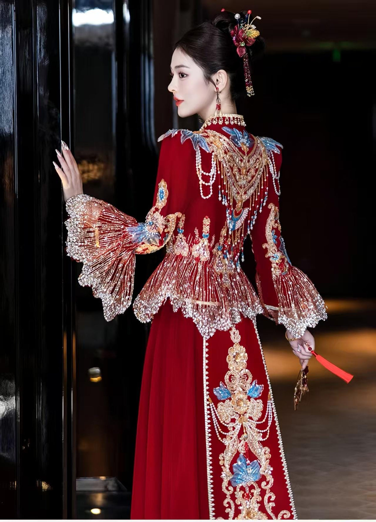 Red Embroidered Jacquard Satin Chinese Xiuhe Wedding Suit – additional product view