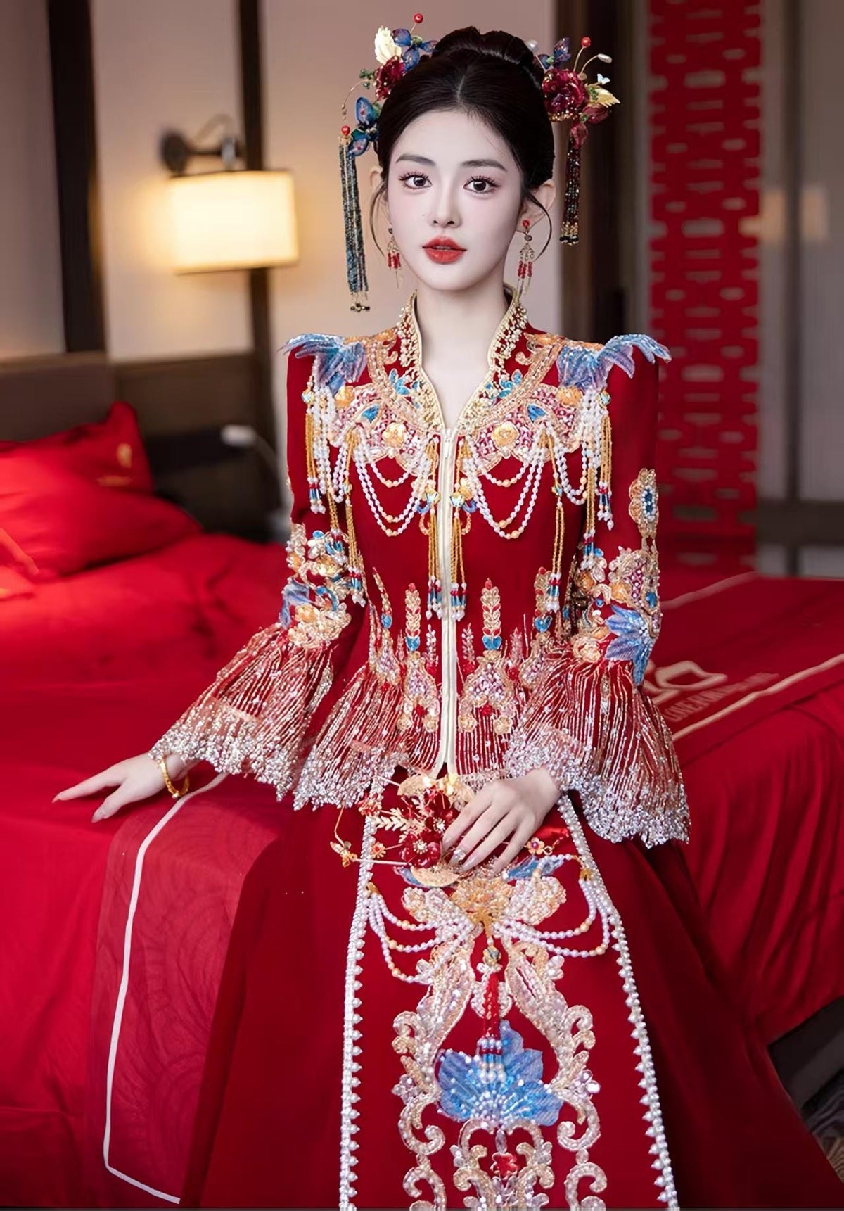 Red Embroidered Jacquard Satin Chinese Xiuhe Wedding Suit – additional product view