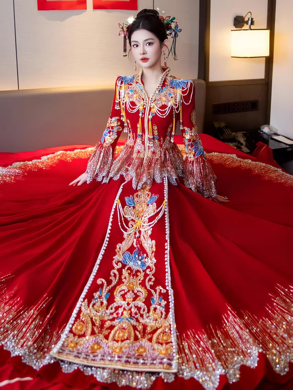 Red Embroidered Jacquard Satin Chinese Xiuhe Wedding Suit – additional product view