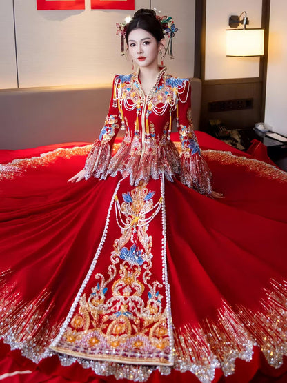 Red Embroidered Jacquard Satin Chinese Xiuhe Wedding Suit – additional product view