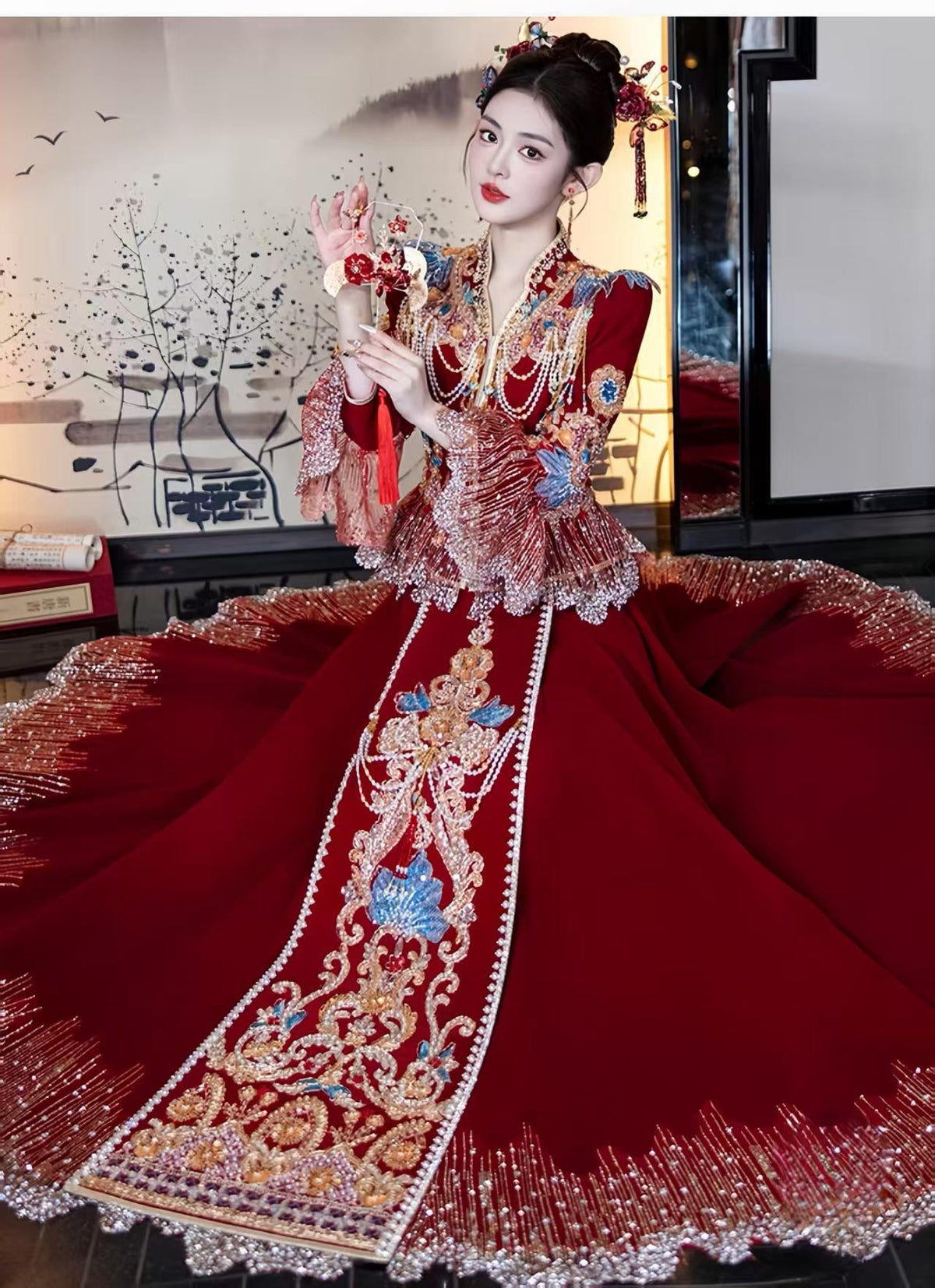 Red Embroidered Jacquard Satin Chinese Xiuhe Wedding Suit