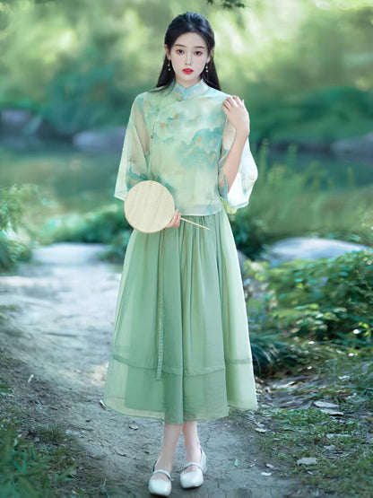 Women's Green Elegant Modern Hanfu Set – additional product view