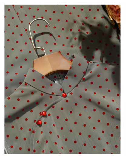Women's Vintage Qipao Cheongsam Dress – Gray Polka Dot – additional product view