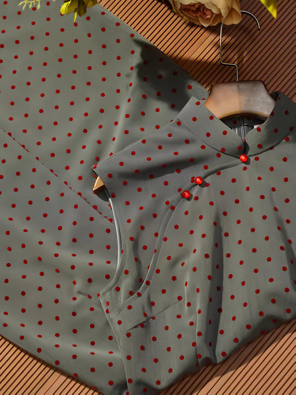 Women's Vintage Qipao Cheongsam Dress – Gray Polka Dot – additional product view