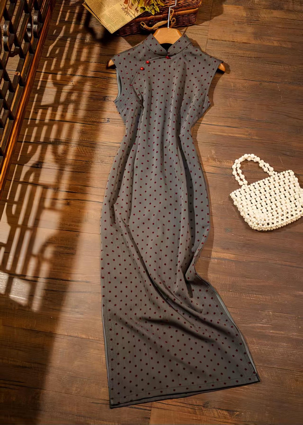 Women's Vintage Qipao Cheongsam Dress – Gray Polka Dot – additional product view