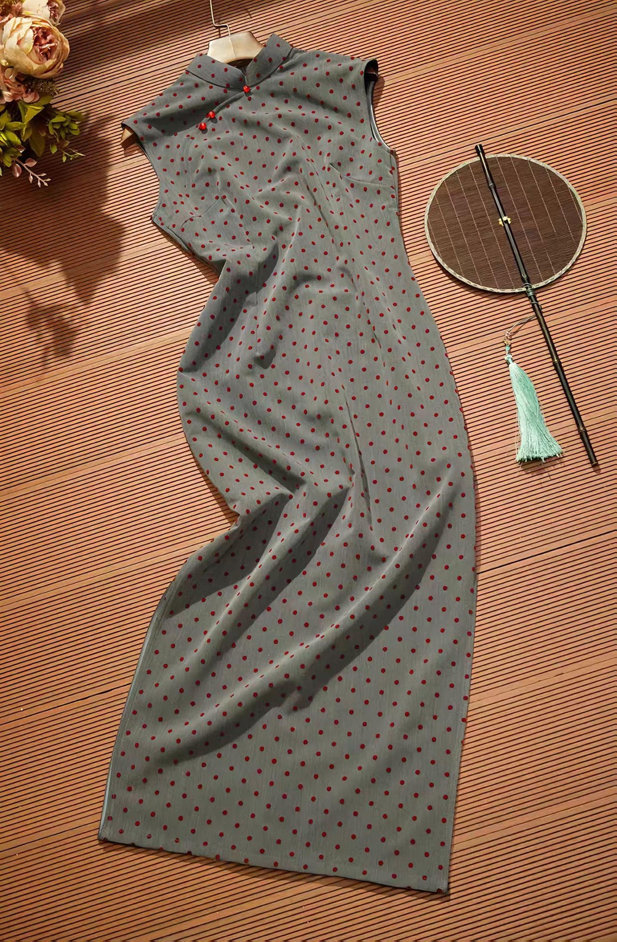 Women's Vintage Qipao Cheongsam Dress – Gray Polka Dot – additional product view