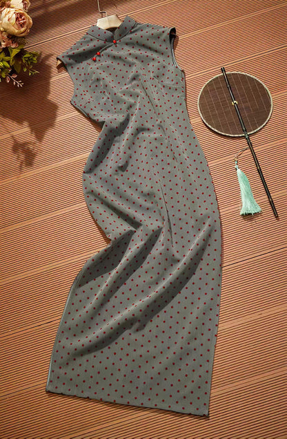 Women's Vintage Qipao Cheongsam Dress – Gray Polka Dot – additional product view