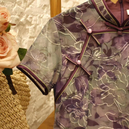 Women's Purple Floral Qipao Cheongsam Dress – Maxi – additional product view