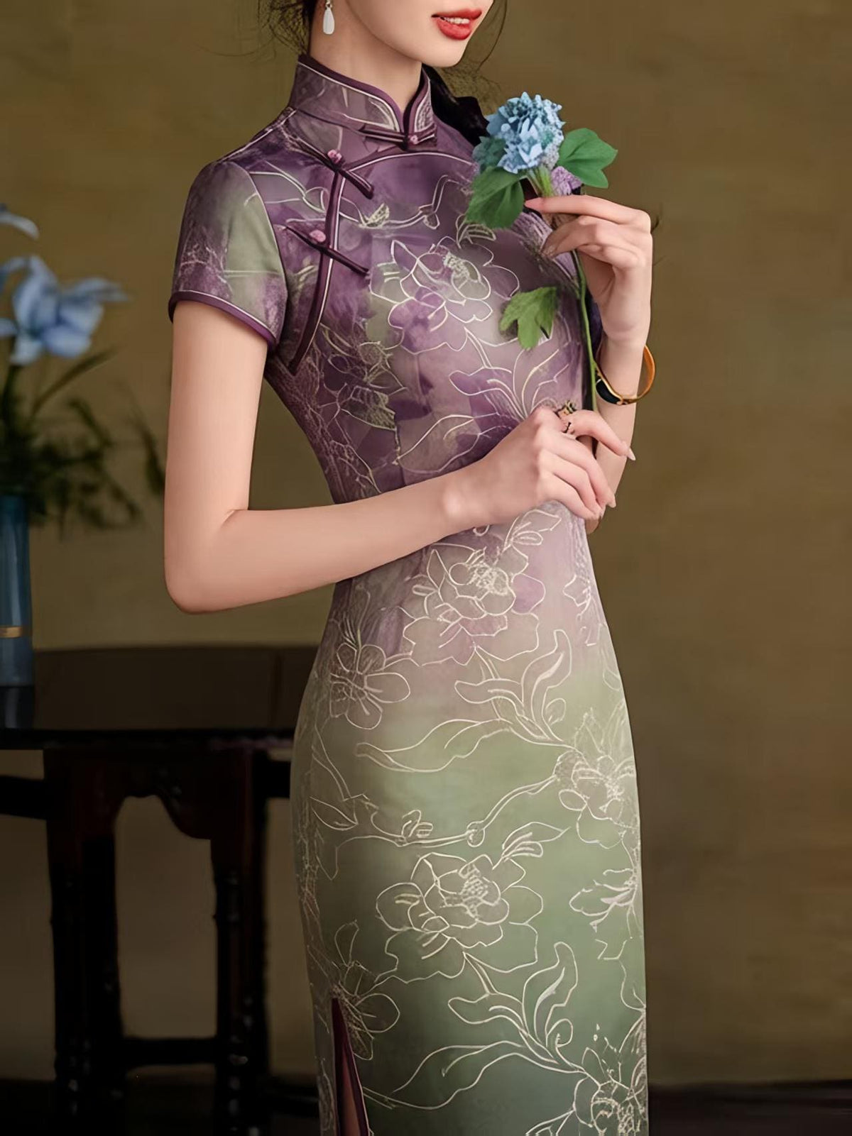 Women's Purple Floral Qipao Cheongsam Dress – Maxi – additional product view