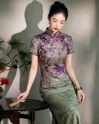 Women's Purple Floral Qipao Cheongsam Dress – Maxi
