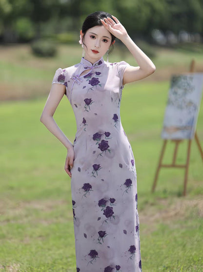 Women's Pink Floral Qipao Cheongsam Dress – Maxi Fitted – additional product view
