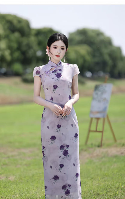 Women's Pink Floral Qipao Cheongsam Dress – Maxi Fitted – additional product view
