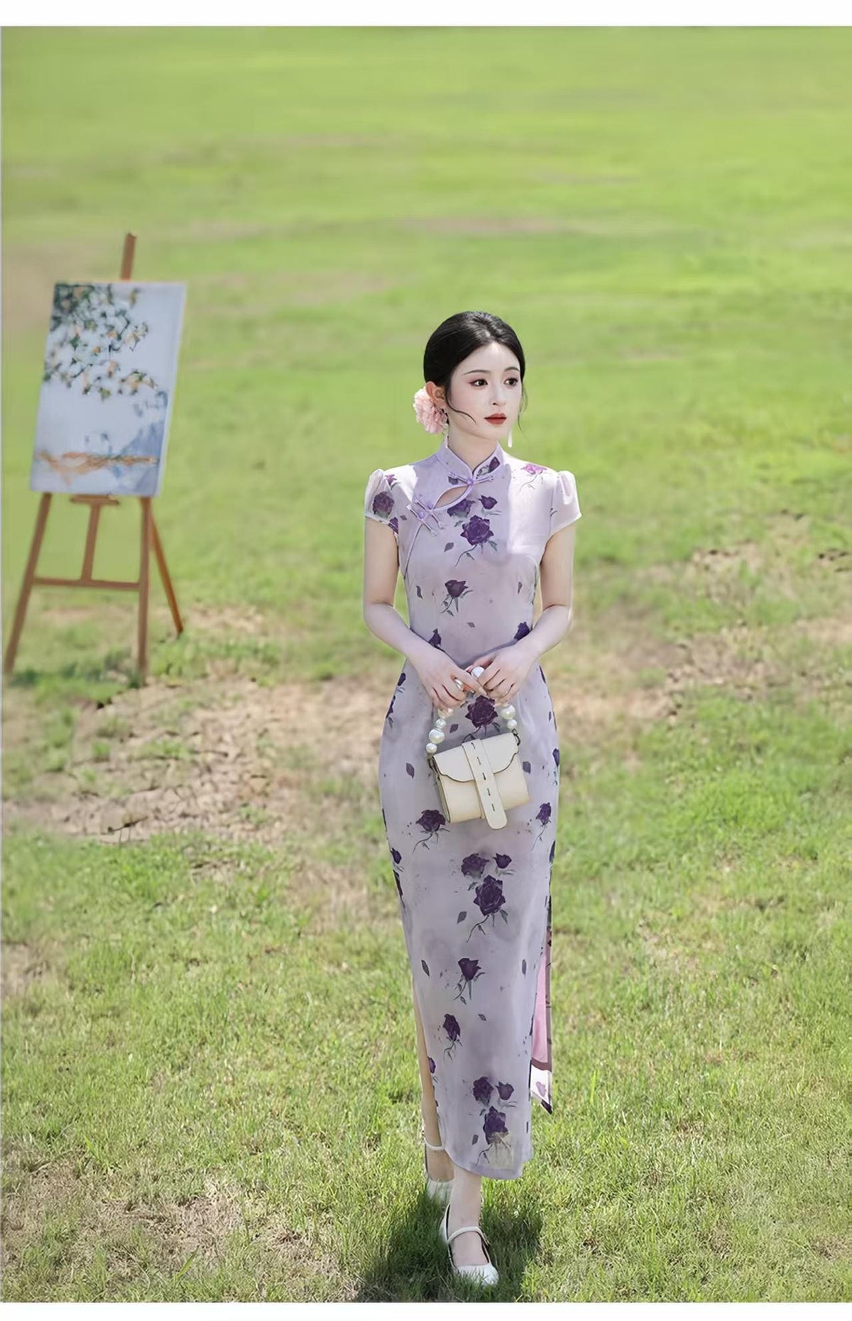 Women's Pink Floral Qipao Cheongsam Dress – Maxi Fitted – additional product view