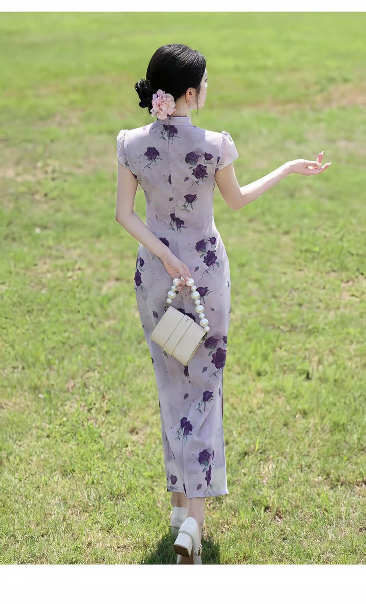 Women's Pink Floral Qipao Cheongsam Dress – Maxi Fitted – additional product view