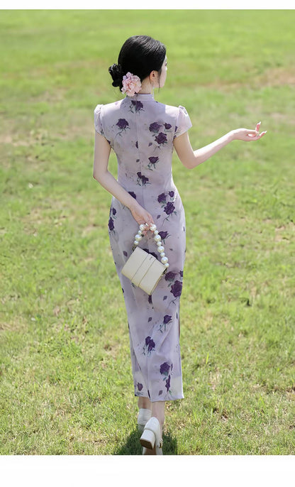 Women's Pink Floral Qipao Cheongsam Dress – Maxi Fitted – additional product view