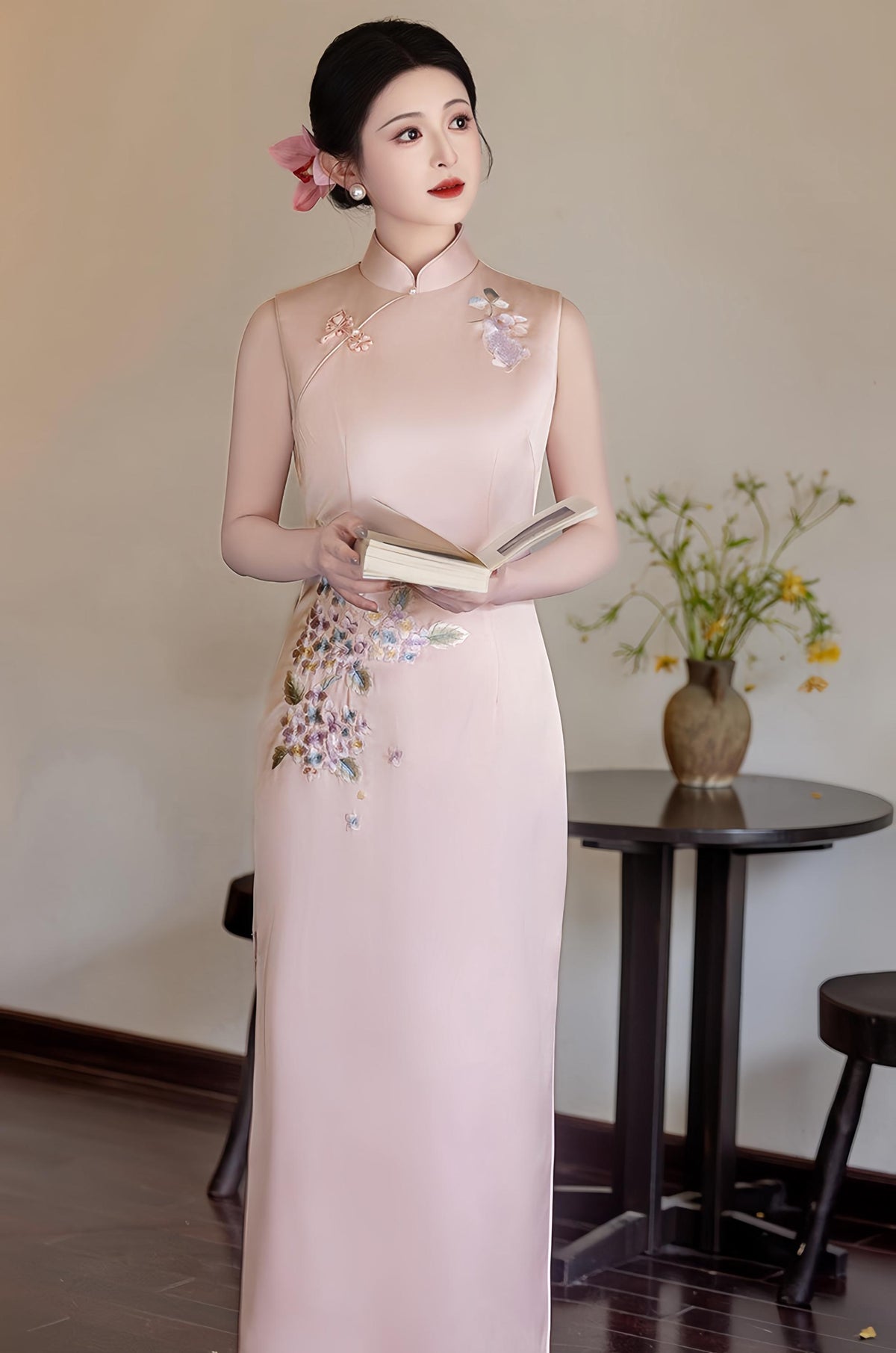 Women's Pink Floral Qipao Cheongsam Dress – Maxi – additional product view