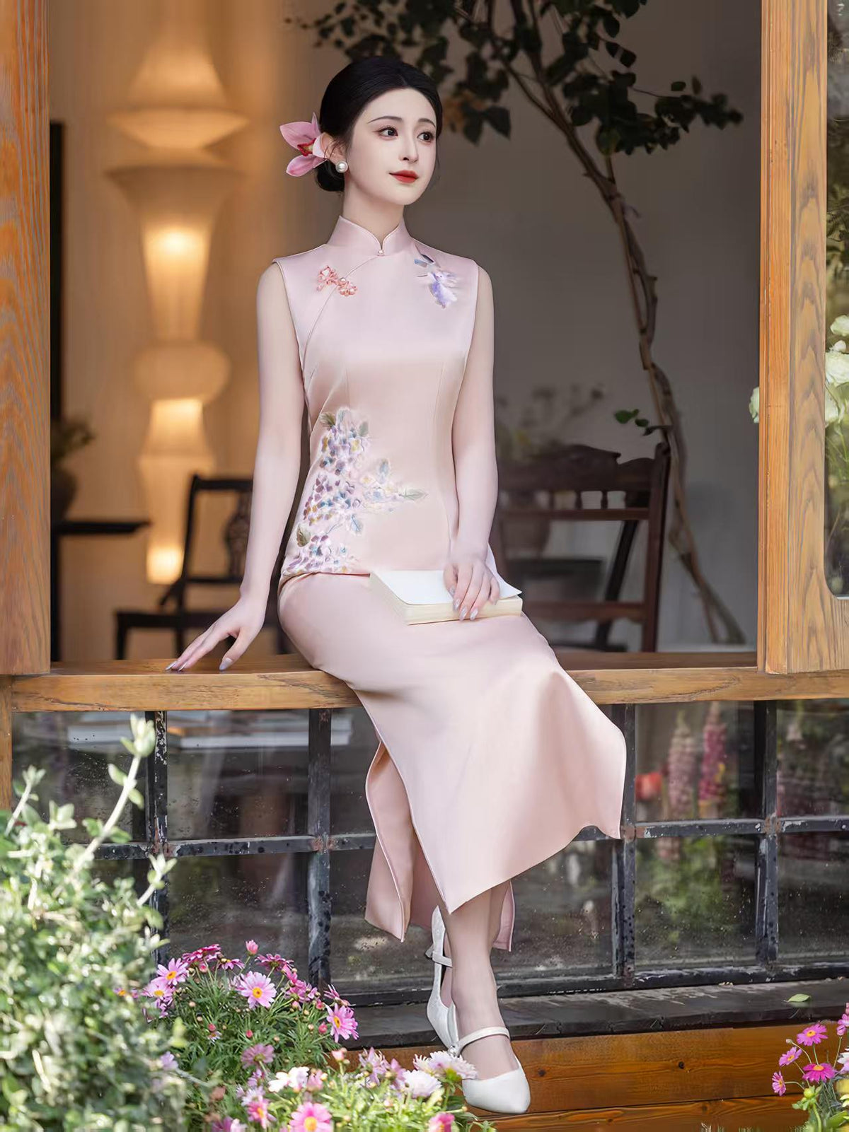 Women's Pink Floral Qipao Cheongsam Dress – Maxi – additional product view