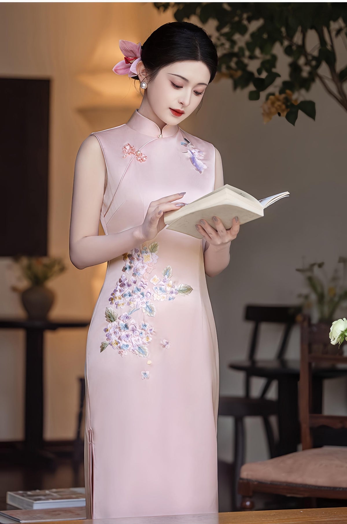 Women's Pink Floral Qipao Cheongsam Dress – Maxi – additional product view