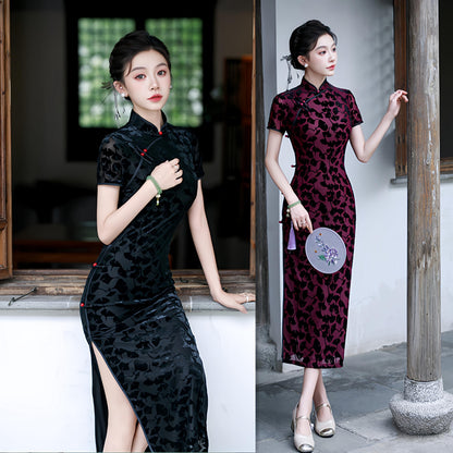 Women's Black Vintage Velvet Qipao Cheongsam Dress – Maxi Fitted – additional product view