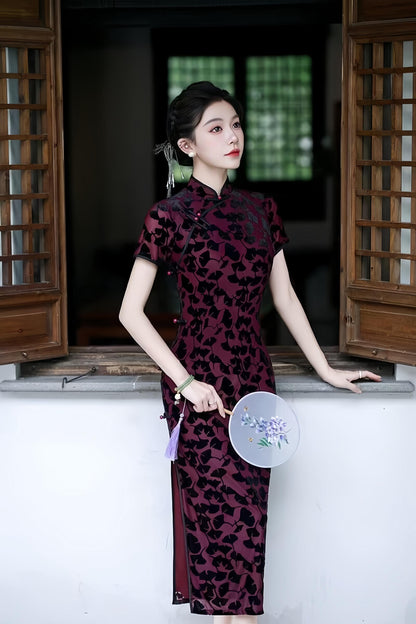 Women's Black Vintage Velvet Qipao Cheongsam Dress – Maxi Fitted – additional product view