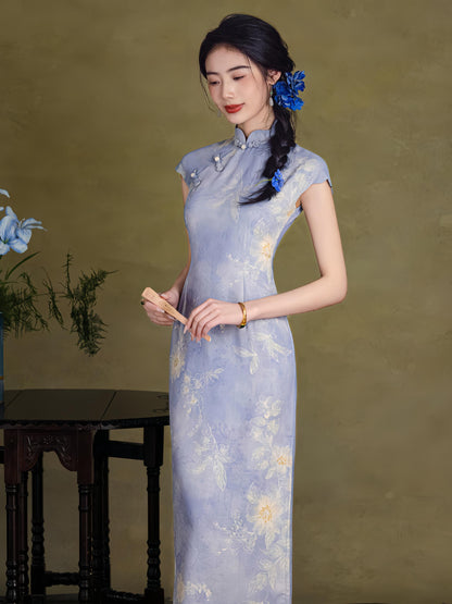 Women's Blue Floral Qipao Cheongsam Dress – Linen Maxi – additional product view