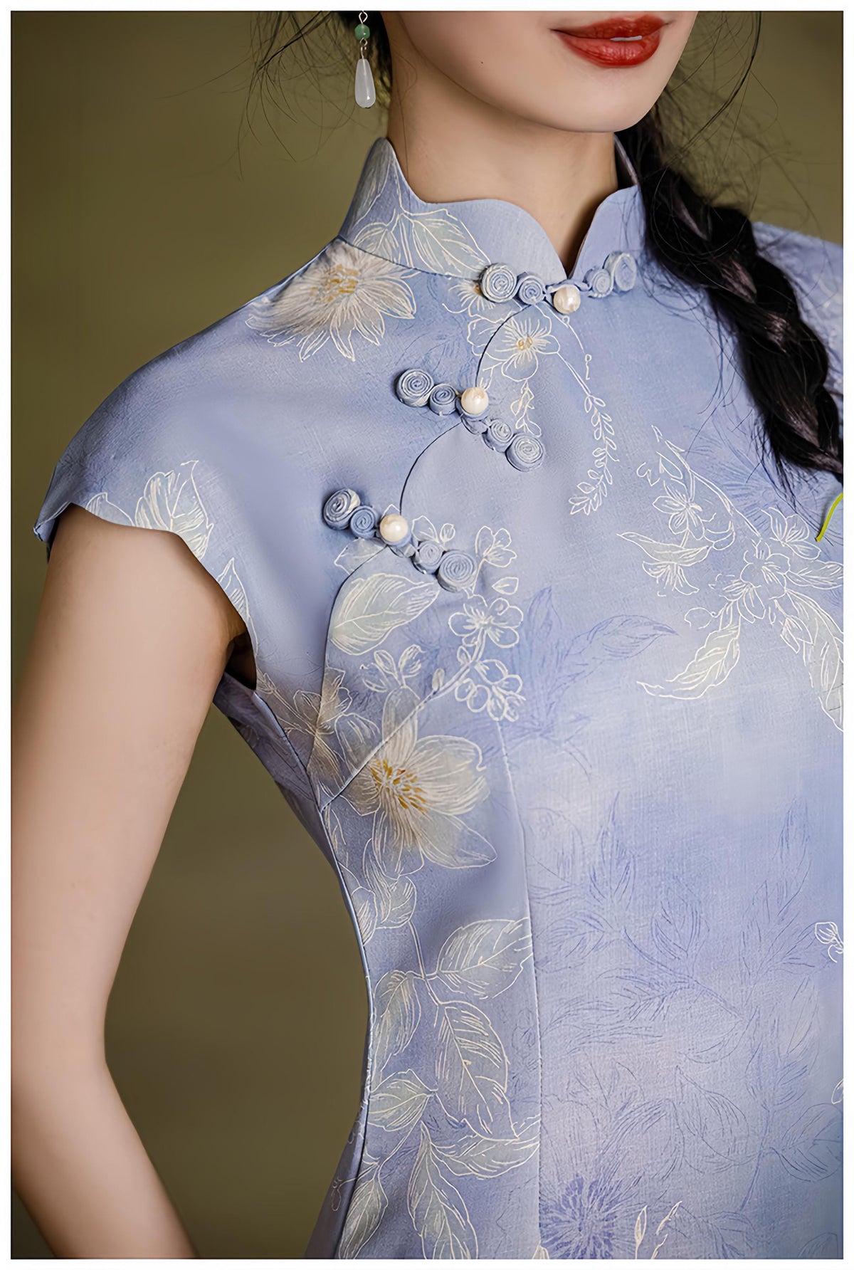 Women's Blue Floral Qipao Cheongsam Dress – Linen Maxi – additional product view