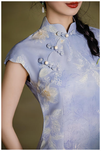 Women's Blue Floral Qipao Cheongsam Dress – Linen Maxi – additional product view