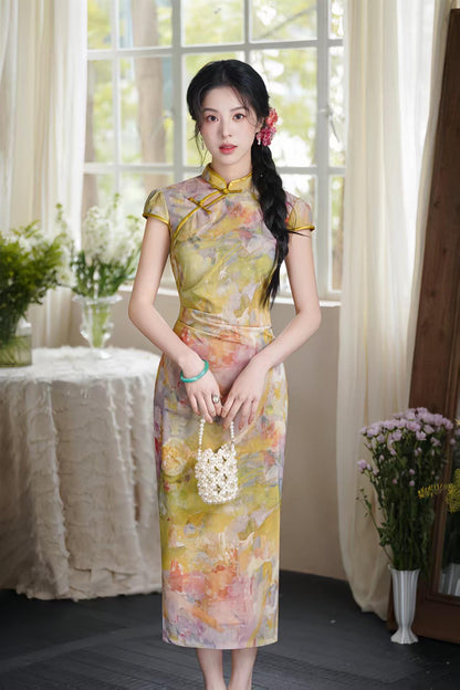 Women's Floral Qipao Cheongsam Dress – Yellow Midi Mandarin Collar – additional product view