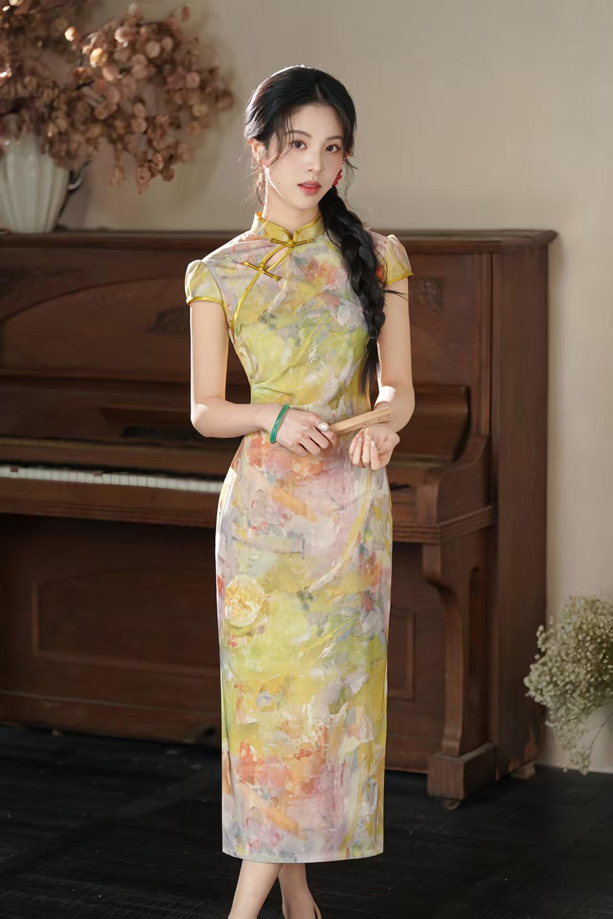 Women's Floral Qipao Cheongsam Dress – Yellow Midi Mandarin Collar – additional product view